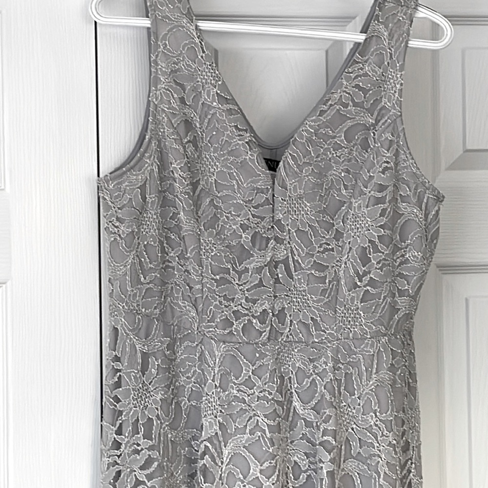 VENUS dress with dark silver underneath and silver overlay.